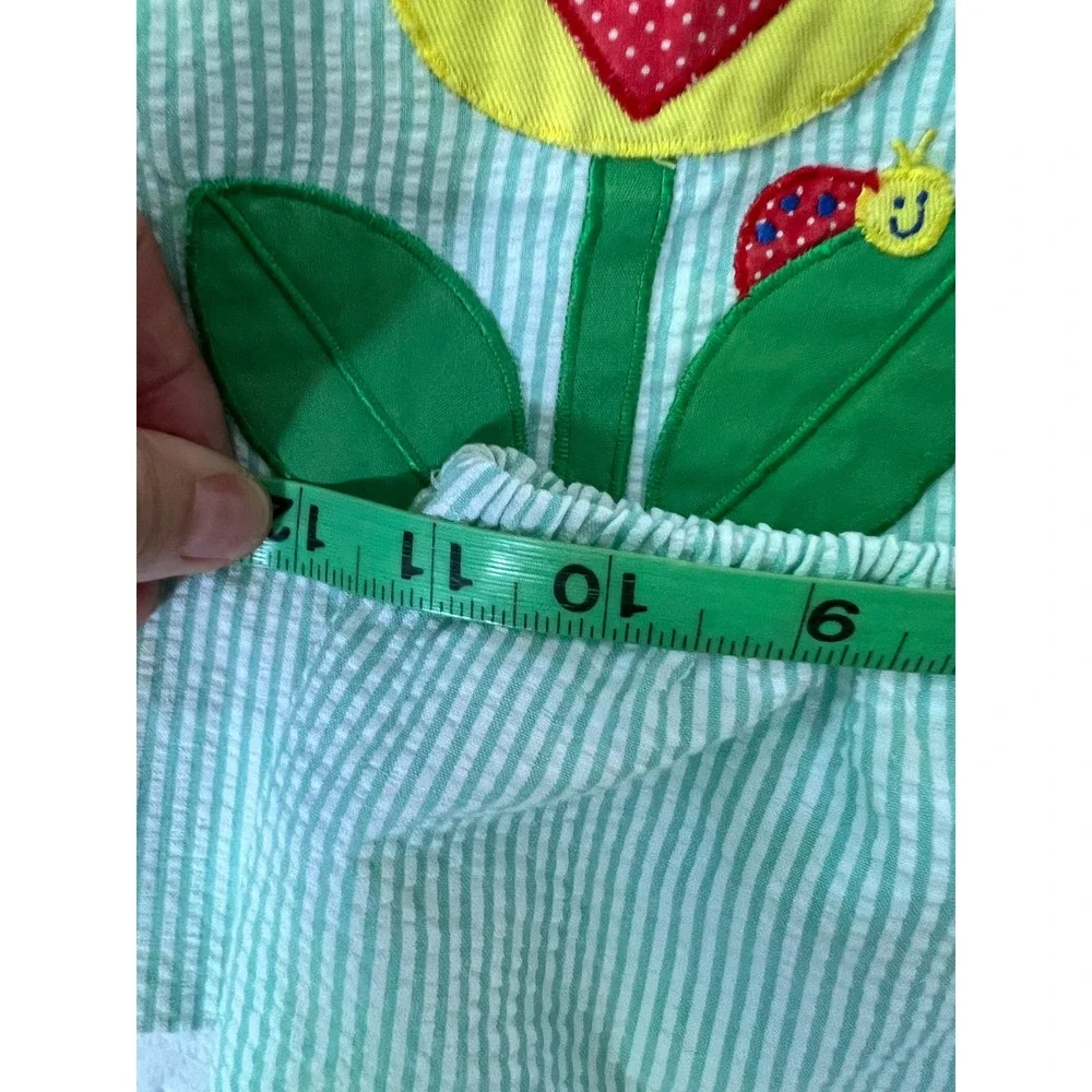 Seersucker Dress with Bloomer Set Green Striped Tulip Applique Kids Size 18-24M